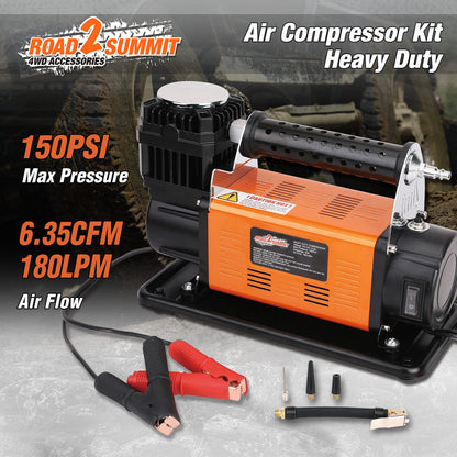 ROAD2SUMMIT Heavy Duty Portable 12V Air Compressor Kit Inflate 6.35CFM (180L/ Min), Max 150PSI, Off-Road Air Compressor Kit for 4x4 Vehicle RV, Air Pump for ATVS Tire, for Car and SUV Tire