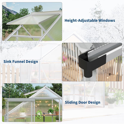 6x4FT Greenhouse for Outdoors, Walk-in Polycarbonate Greenhouse with Sliding Door, Adjustable Roof Vent & Gutter System, Portable Outdoor Green House Kit for Winter Gardening