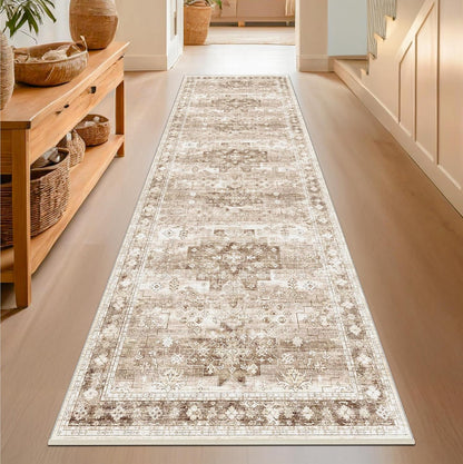 Regine Switzerland Beige Washable Runner Rug - Extra Long 2'6"x10' | Non-Slip, Stain Resistant, Boho Floral Decor