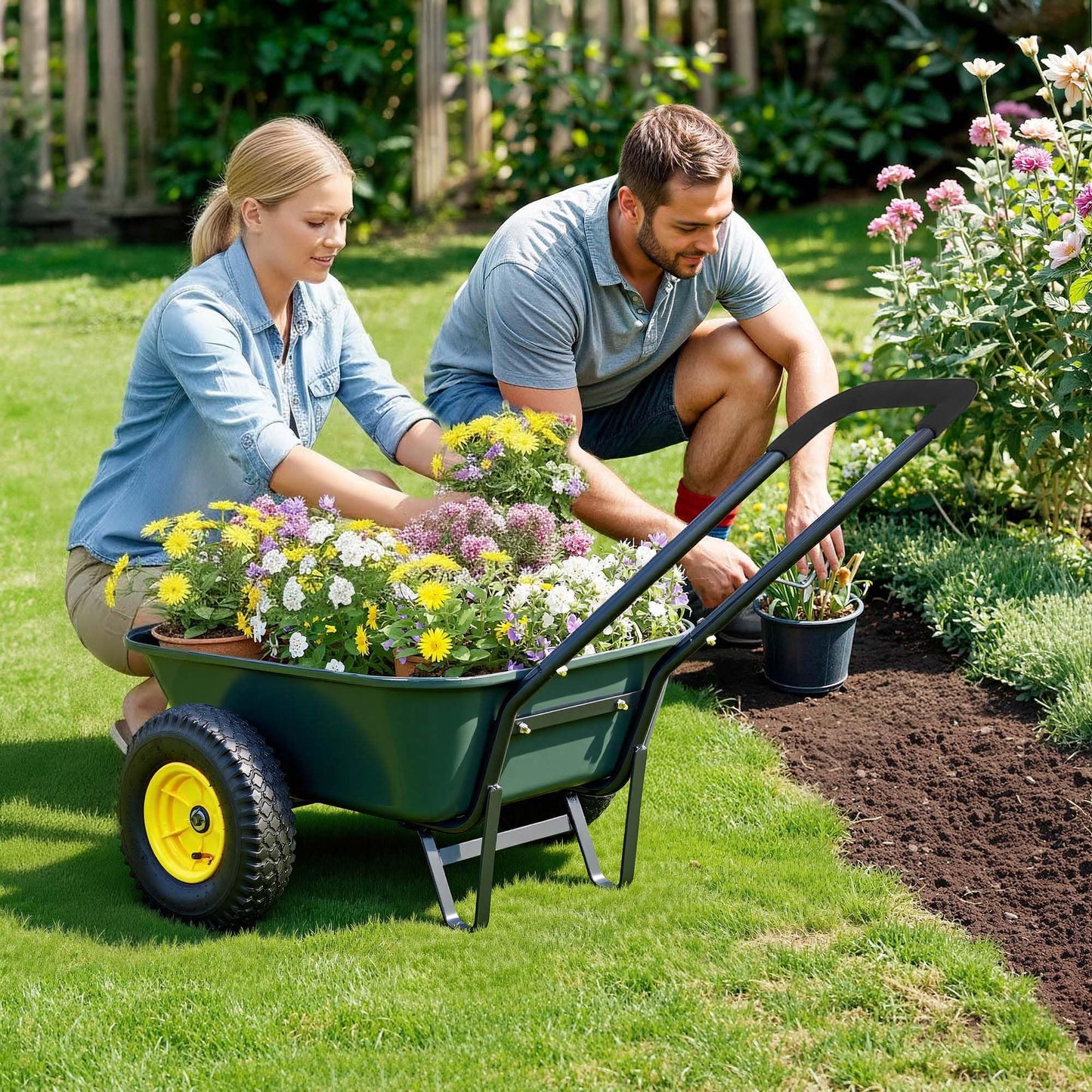 Ultym 2 Wheel Wheelbarrow, Dual-Wheel Garden Dump Cart with 10" Non-Slip Pneumatic Tires & Ergonomic Padded Handle, Heavy-Duty Home Utility Yard Cart Wagon with 3 Cu Ft Capacity for Lawn, Gardening