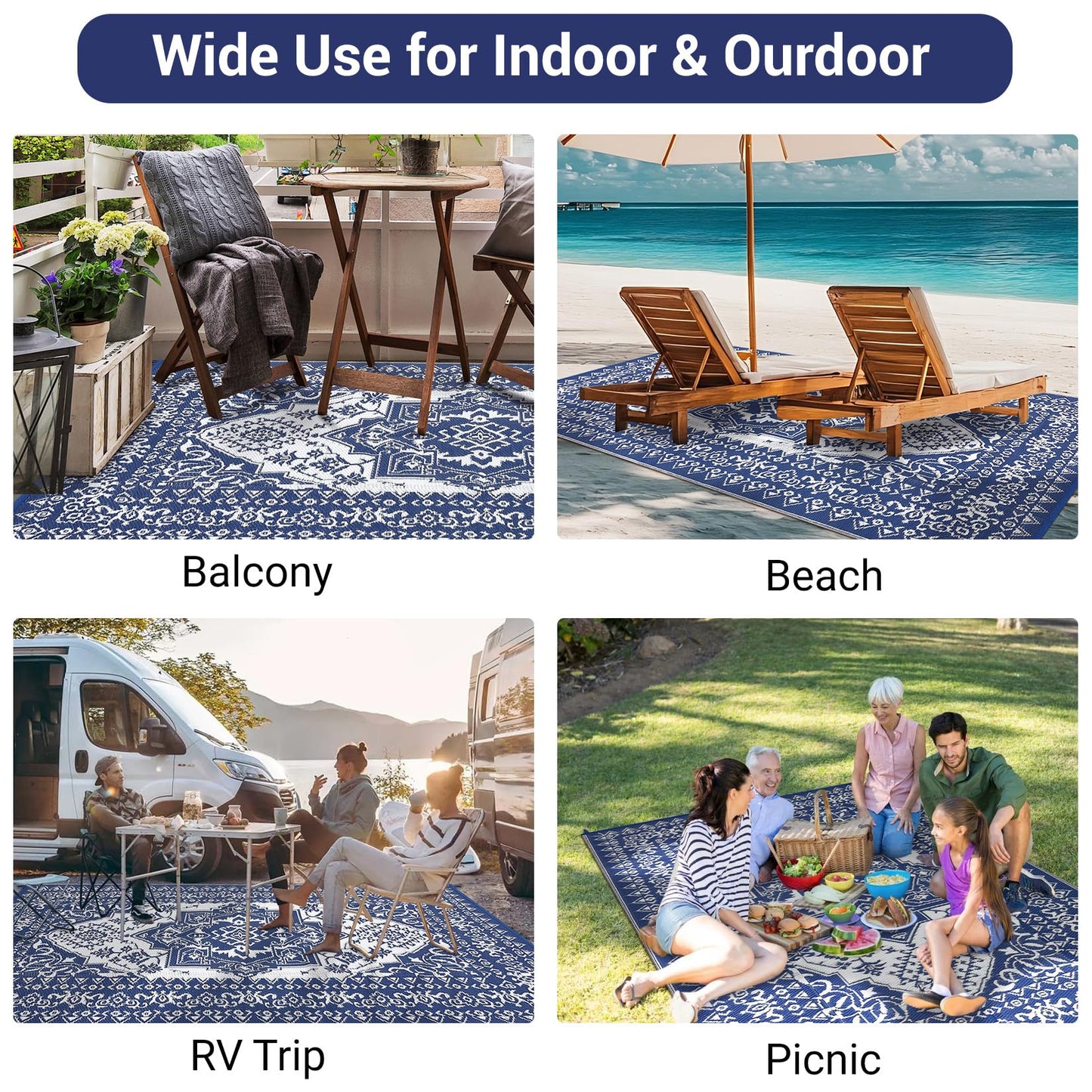 GarveeHome Large Outdoor Rug 9x18 Waterproof Reversible Mat Palm Retro Oriental Camping Rugs Indoor Outdoor Rugs Carpet Plastic Straw Rug for Patio Deck Balcony Pool RV Camping, Dark Blue and White