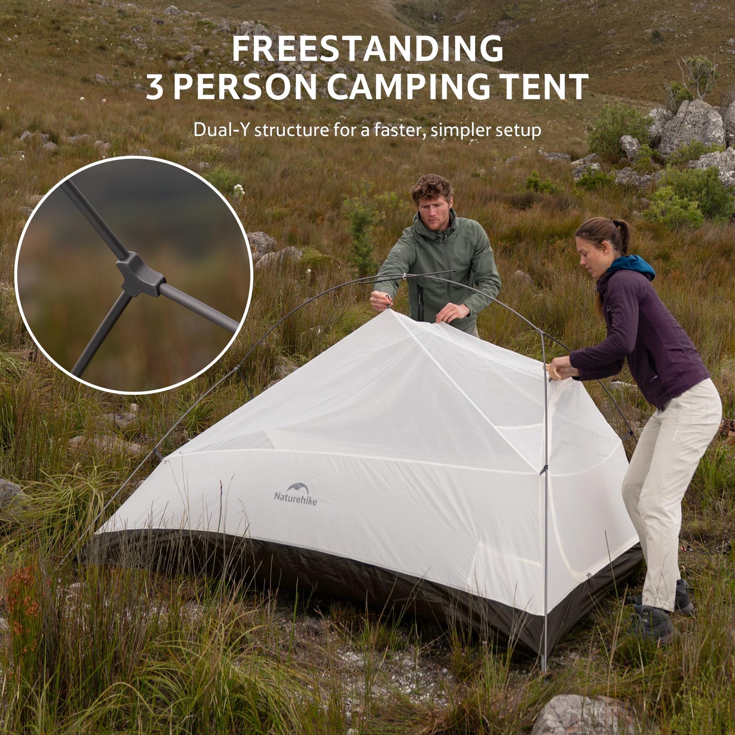 Naturehike Cloud Up 3 Person Backpacking Tent with Footprint - 3 Season Free Standing Lightweight 3 Person Camping Tent | with Footprint, Free Standing, Dome, Camping, Hiking, Waterproof