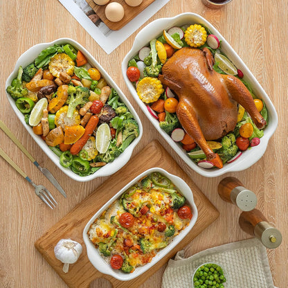 Skiennix 3-Pack Ceramic Baking Dishes Set - Heavy-Duty Oven-Safe Stoneware | Deep Rectangular Casserole Pans (13.8''/12''/9.6'' Pure Off-White)
