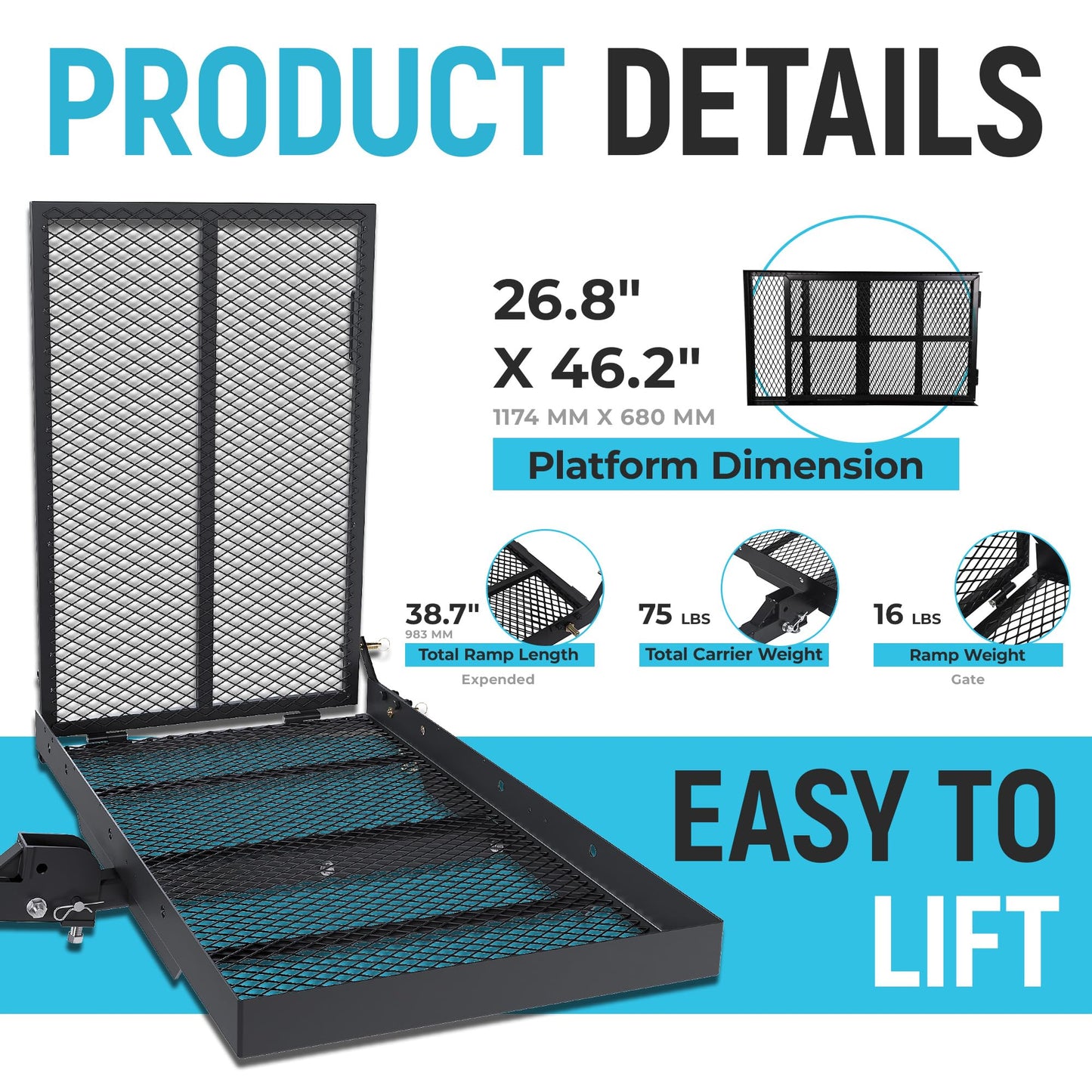 ECOTRIC 46.2 X 26.8 X 38.7 Inch Hitch Cargo Carrier W/Ramp Foldable 500 Lbs Trailer Hitch Mount Steel Wheelchair Carrier Mobility Scooter Ramp 2" Hitch Receiver for Snow Blower SUV Truck Van Car