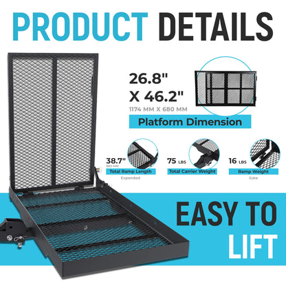 ECOTRIC 46.2 X 26.8 X 38.7 Inch Hitch Cargo Carrier W/Ramp Foldable 500 Lbs Trailer Hitch Mount Steel Wheelchair Carrier Mobility Scooter Ramp 2" Hitch Receiver for Snow Blower SUV Truck Van Car