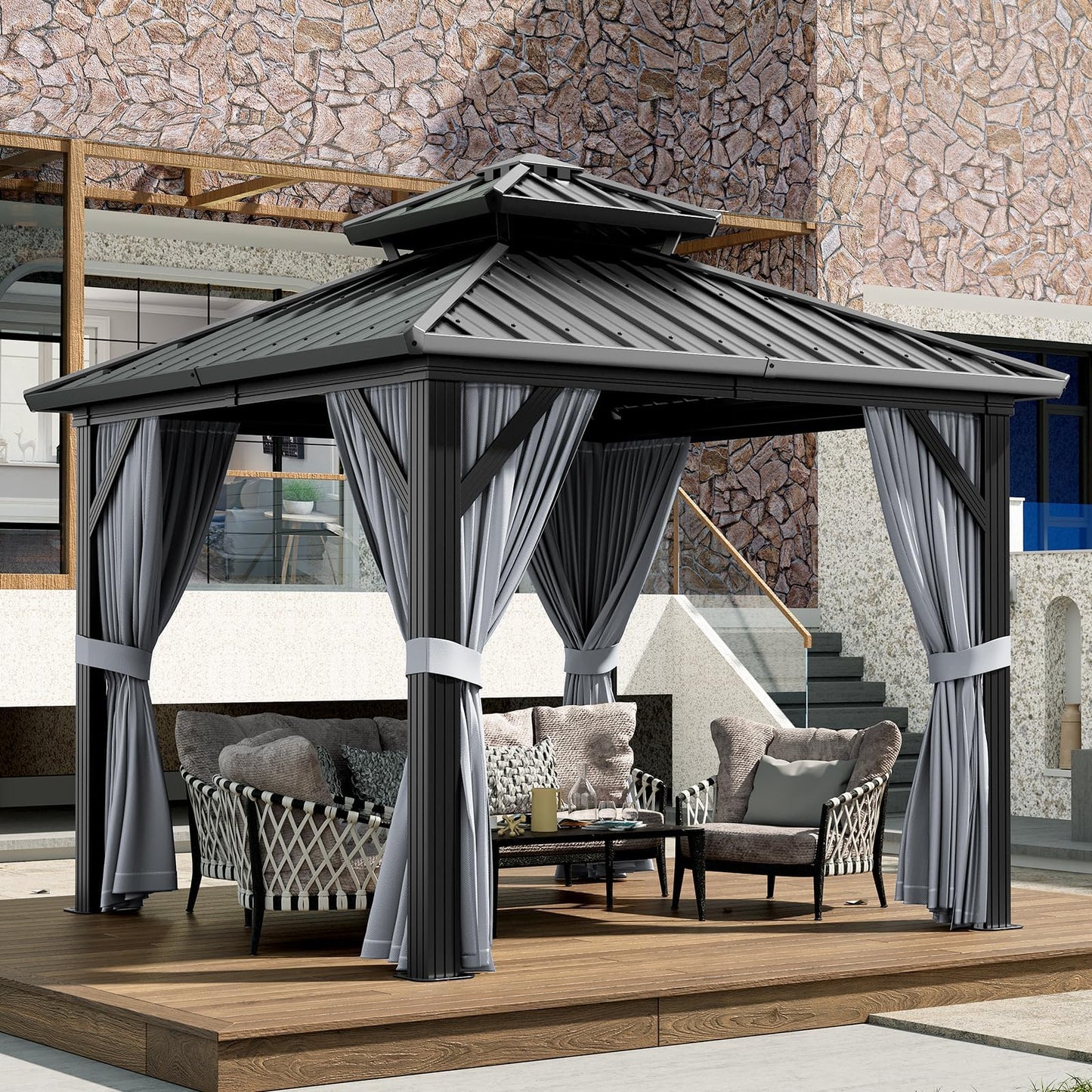 10x10 ft Double Roof Hardtop Gazebo, Heavy Duty Galvanized Steel Pavilion with Netting and Curtains, Metal Roof Patio Gazebo for Terrace, Lawn, and Deck, Gray