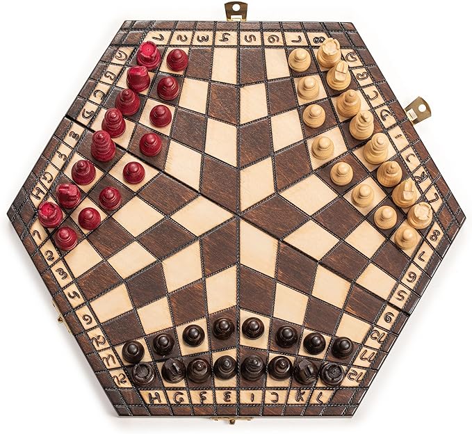 Husaria Wooden Three-Player Chess - 12 Inches - with Foldable Board Handcrafted Playing Pieces and Felt-Lined Storage