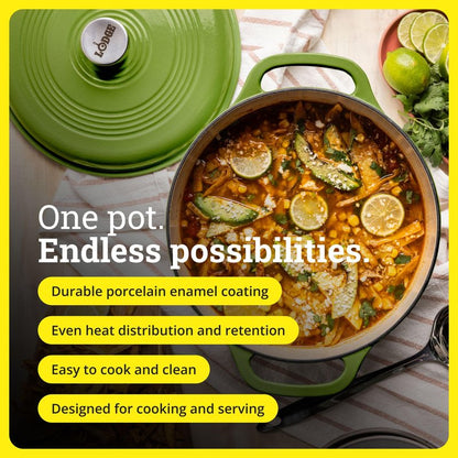 Lodge Essential Enamel Cast Iron Dutch Oven 6 Quarts - Perfect for Bread Baking, Braising, Marinating & Slow Cooking, Features Moisture-Sealing Lid & Dual Handles, Kitchen Essentials, Avocado