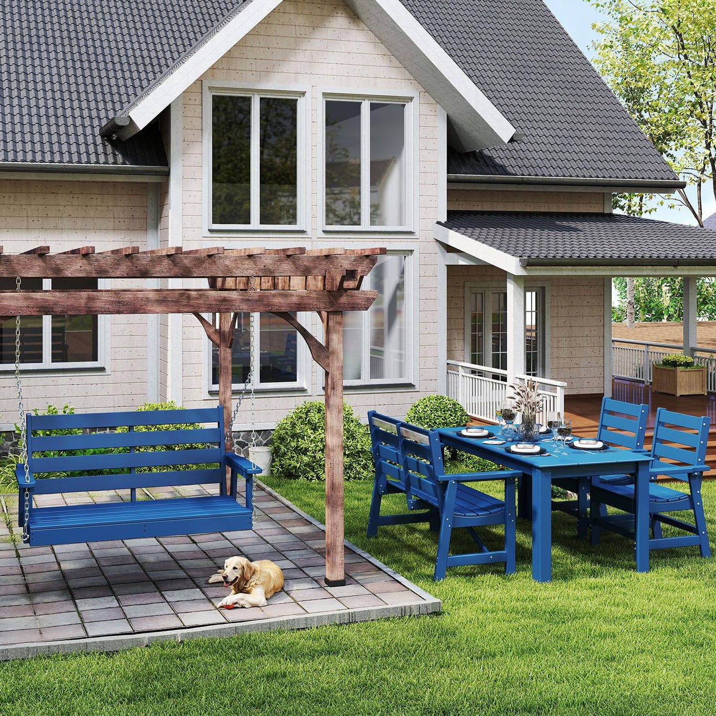 IVY&LANE Outdoor Porch Swing | HDPE Plastic | 2-Person | Hanging Bench Swings | Weatherproof | 4 Stainless Steel Chains | Blue | for Outside Patio Garden Backyard Tree