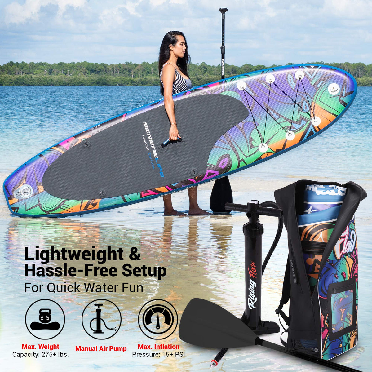 SereneLife Inflatable Stand Up Paddle Board - Wide Stable Design, Non-Slip Deck for Adults & Youth with Premium Paddle Board Accessories: Carry Bag, Dual Action Pump, Paddle, Ankle Leash - 10'6"
