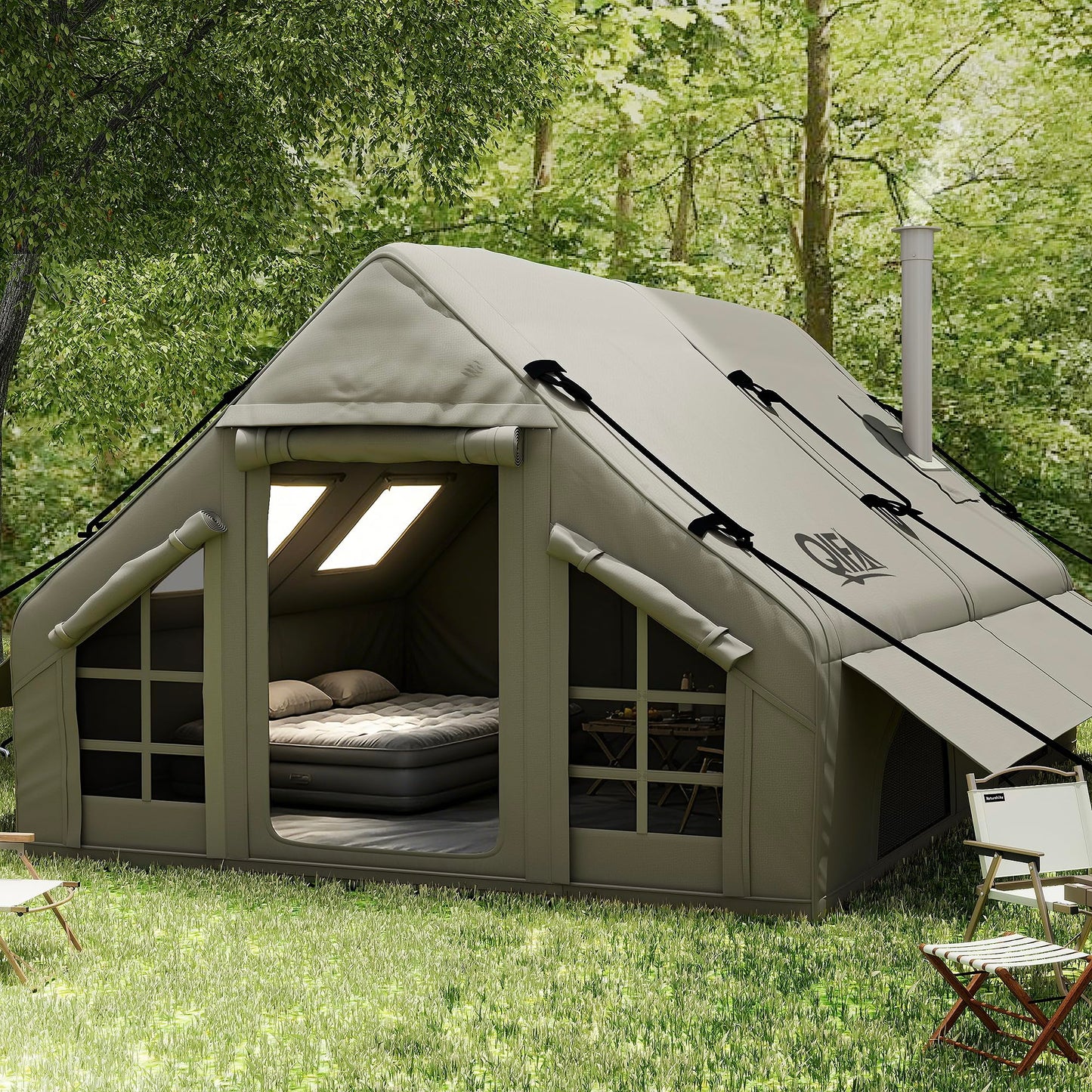 QIFA (129sq ft) 8-12 Person Large Luxury Inflatable Camping Tents with Stove Jack, Easy Setup Blow Up Tent with Hand Pump,Waterproof (Heavy-Duty) 600D Oxford Fabric for Adult 4 Seasons Khaki Green