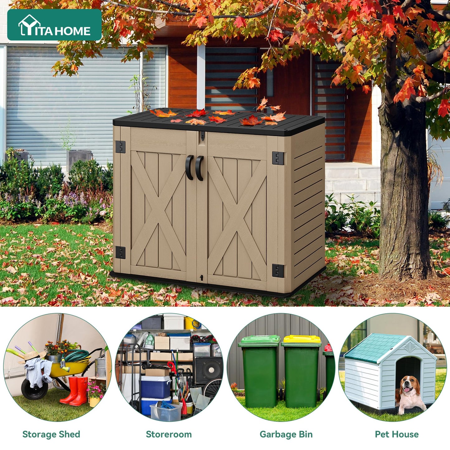 YITAHOME Outdoor Horizontal Storage Shed with X-Shaped Lockable Door, 35 Cu Ft Weatherproof Resin Tool Shed w/o Shelf, Ideal for Bike, Trash Cans, Garden Tools, Lawn Mowers, Brown