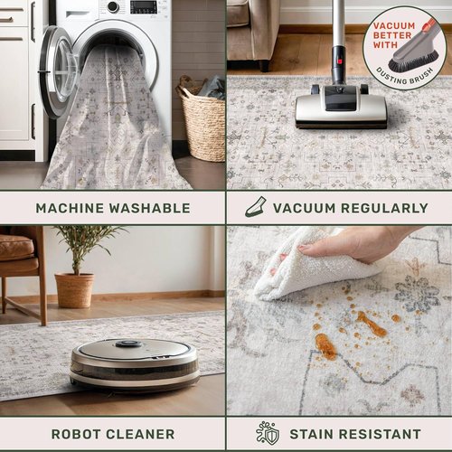Hazo Haus Floral Hallway Runner - Light Gray & Taupe, Washable Non-Slip Rug for Kitchen & Bathroom