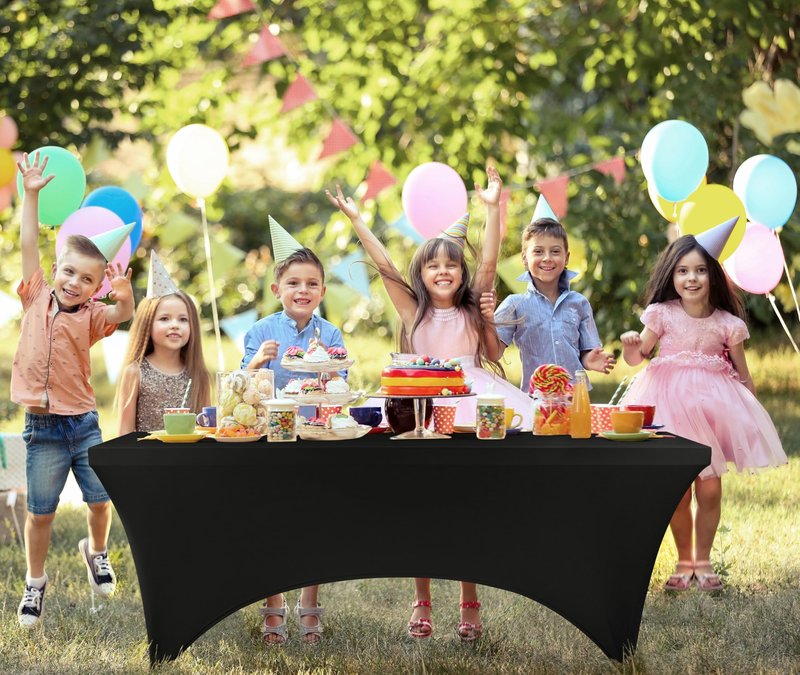 Utopia Kitchen 8FT Spandex Tablecloth [2 Pack, Black] 200 GSM Stretch, Fitted, Washable and Wrinkle Resistant Table Cloth Rectangle Cover for Trade Shows, Wedding, Parties [96Lx30Wx30H Inch]