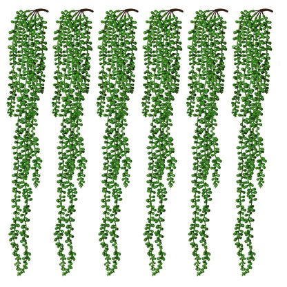RECUTMS 6pcs Artificial Succulents Hanging Plants Fake Hanging String of Pearls Plant Faux Greenery Wall Plants for Spring Indoor Outdoor Home Bedroom Patio Garden Easter Decor