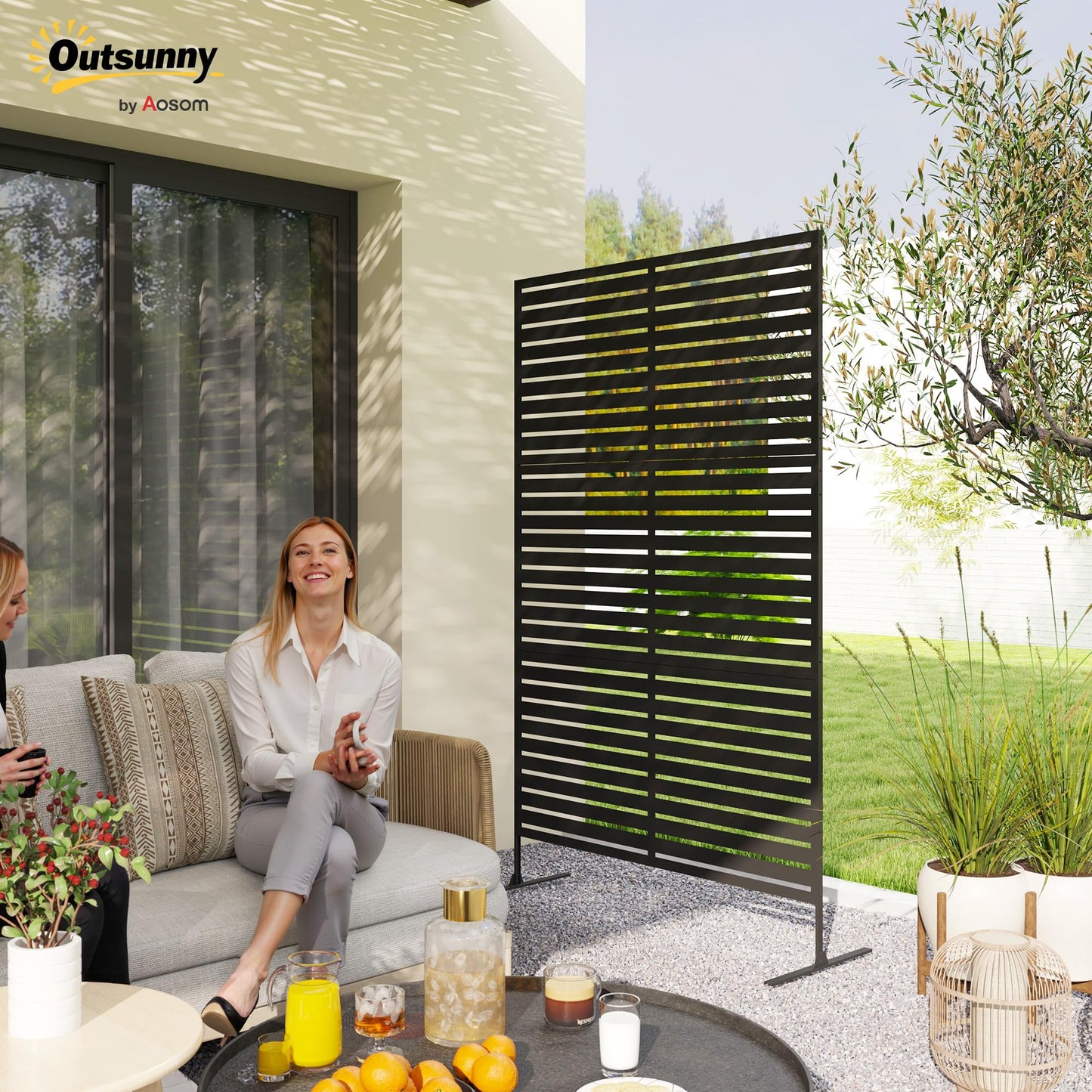 Outsunny Metal Outdoor Privacy Screen, 78" H x 48" W Decorative Privacy Fence Screen, Freestanding Outdoor Divider with Stand, Climbing Plant Trellis for Garden Walkway, Balcony, Patio, Striped Black
