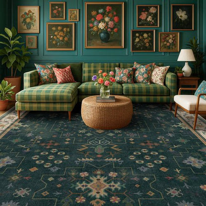 Hazo Haus Dark Green Vintage Living Room Rug - Boho Floral Design, Washable 9x12 Non-Slip Area Rug