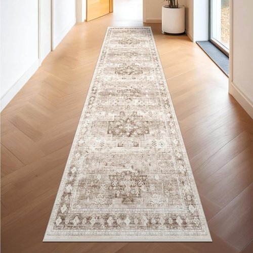 Hazo Haus Non-Slip Hallway Runner Rug - Washable & Waterproof 2x10 Beige/Latte Farmhouse Décor