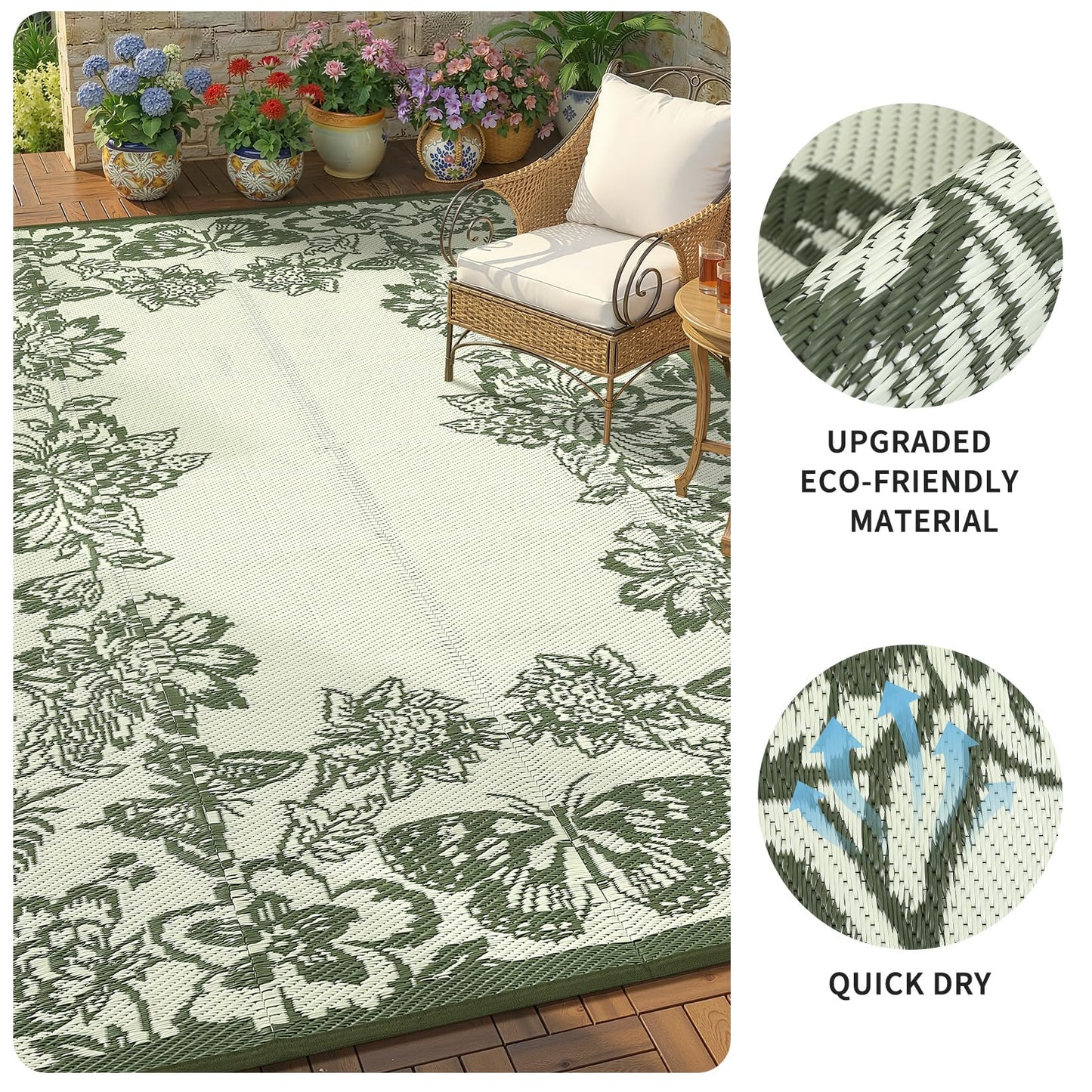 Garvee Outdoor Rugs 9' x 18’ Waterproof Reversible Mats, Large Area Plastic Straw Rug, Outside Carpet, Butterfly Floral Rv Mat for Patio Camping Picnic Backyard Deck Balcony Porch Beach Trailer