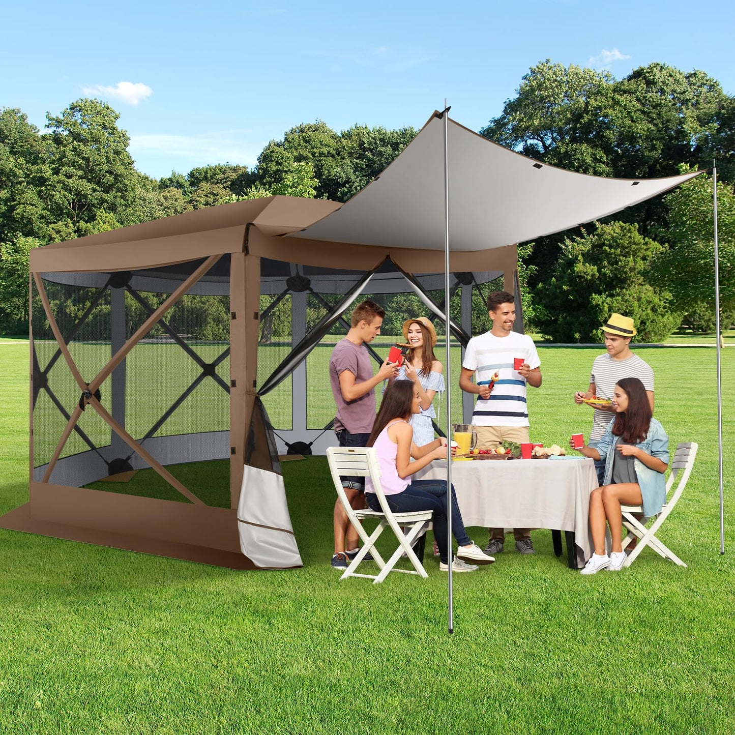 COBIZI 12x12 FT Pop Up Canopy Extendable Tent, Gazebos On Clearance, Screened in Gazebo,Screen Tents Portable carpas para Patio for Outdoor Camping,Backyard, Garden, Brown(Upgraded)