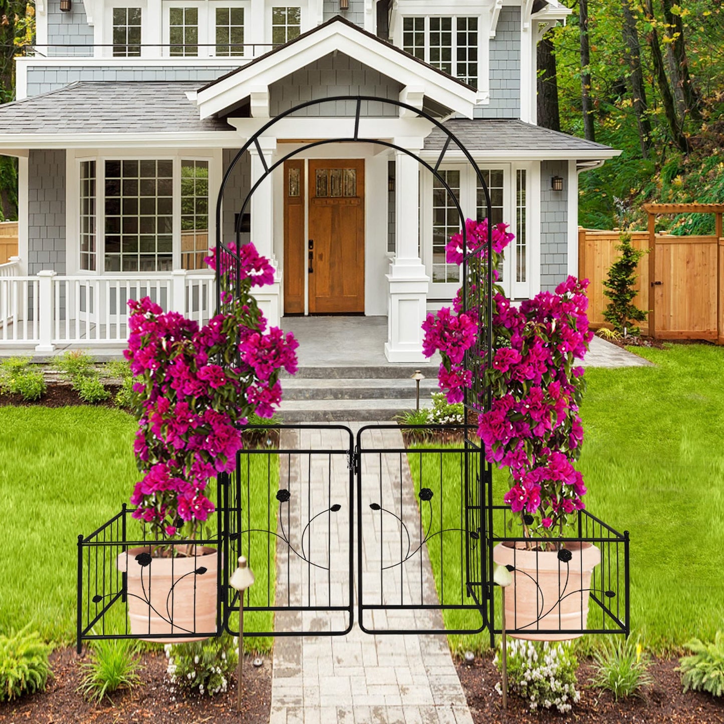 Jintop Metal Outdoor Garden Arch Iron Arbors Gazebo with 2 Plant Stands,High Birdcage Shape Pergola Pavilion,W/Ouble Gate Design,for Ivy Vines,Rose,Morning Glory,Black,79.5"x86.6"