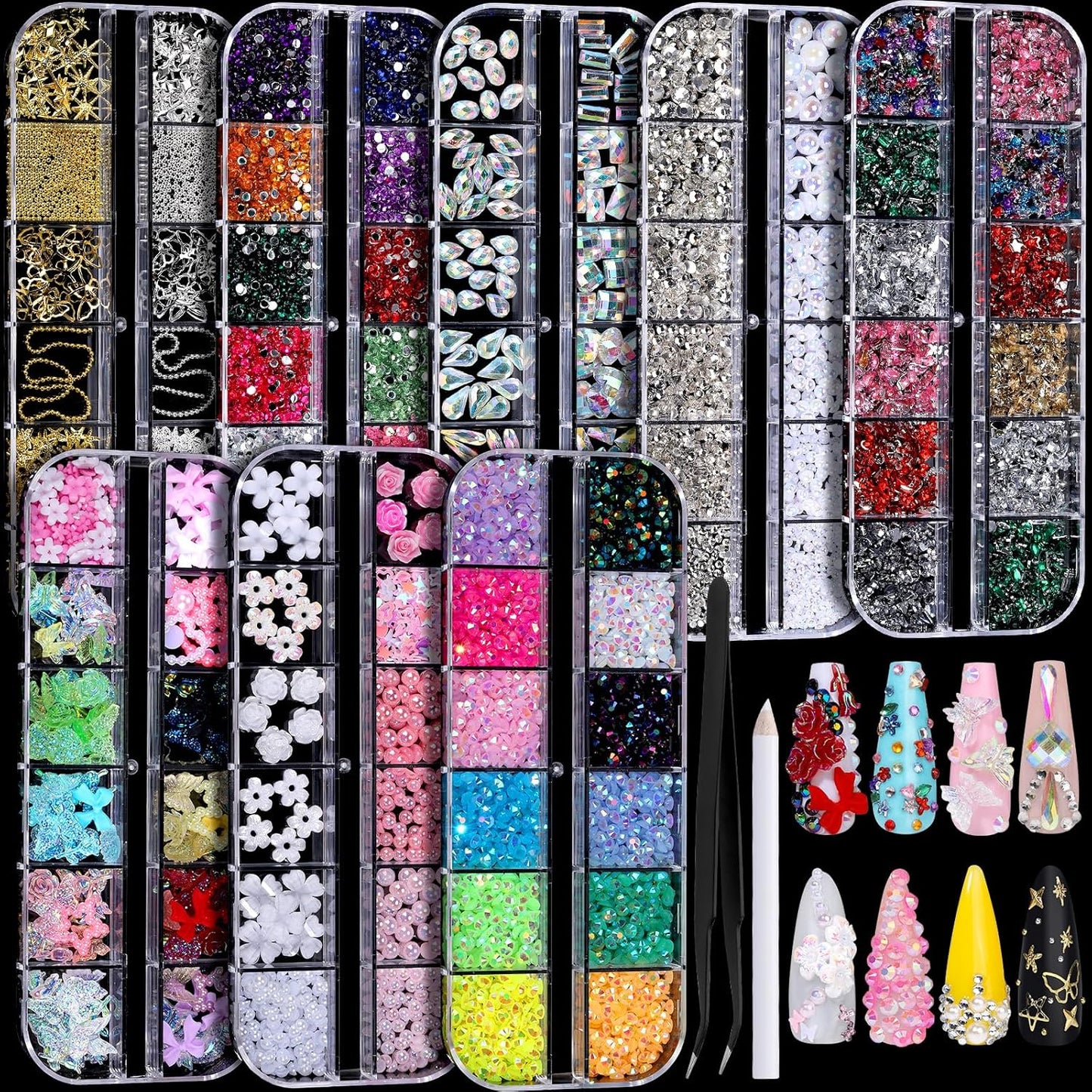 FANDAMEI Nail Charms, Nail Rhinestones Kit with 8 Boxes of Nail Gems, 3D Charms for Nails, Colorful Clear Flatback Rhinestones, Multi Shape Pearls Jewels Crystals for Craft