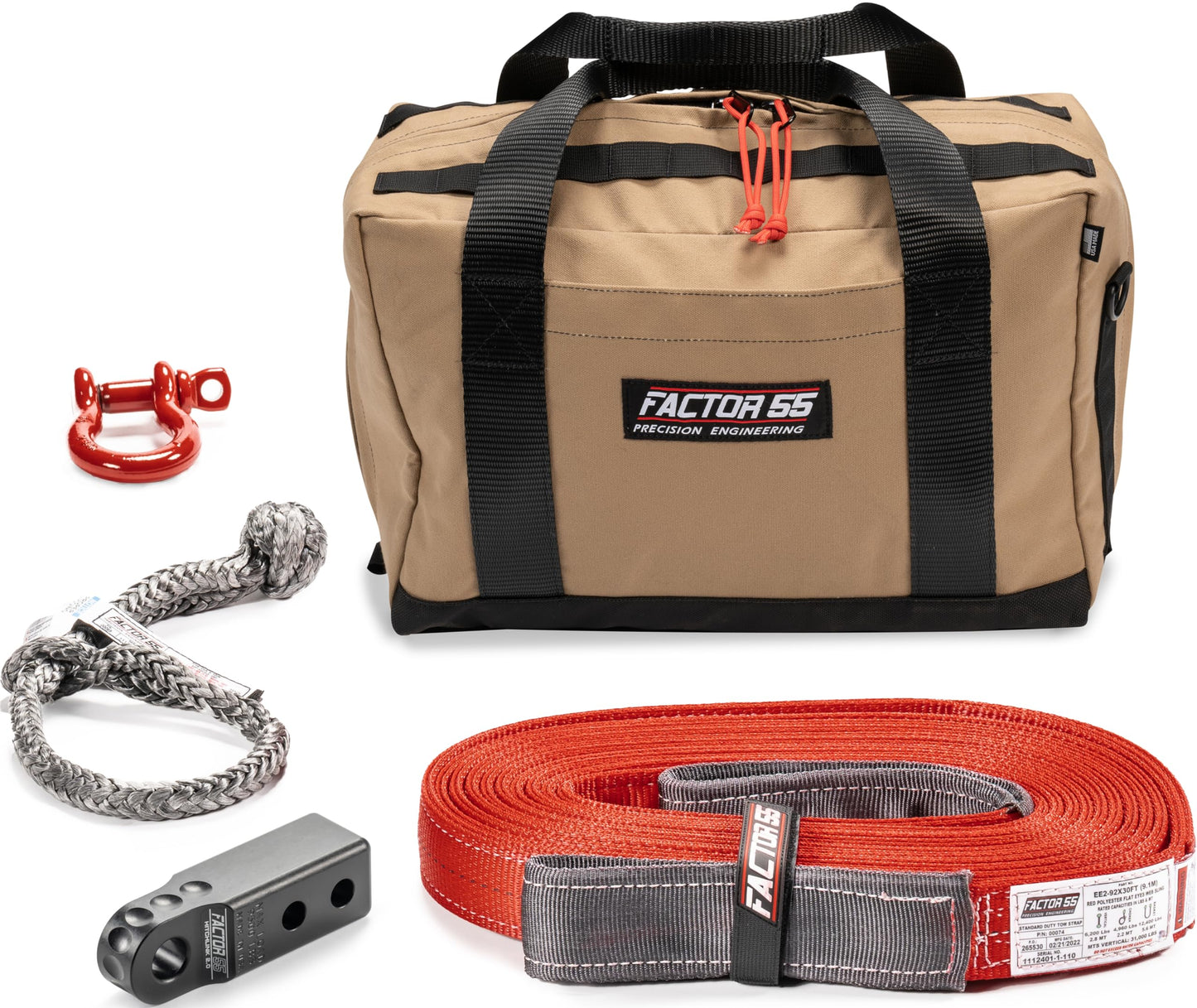 Factor 55 Owyhee Tow and Recovery Kit for Trucks, Jeeps, and SUVs, with Black Hitchlink and Medium Bag