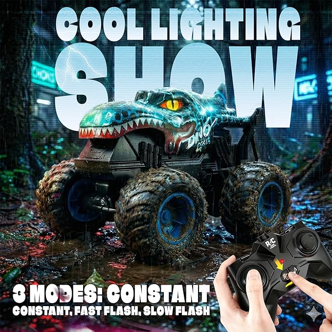 BEZGAR Monster Truck Toys - Remote Control Monster Truck with Light &amp Music Dinosaur Toys for Kids 1:20 Scale RC Truck with 360° Spins and Drifting Remote Control Car for Boys 4-7 Blue