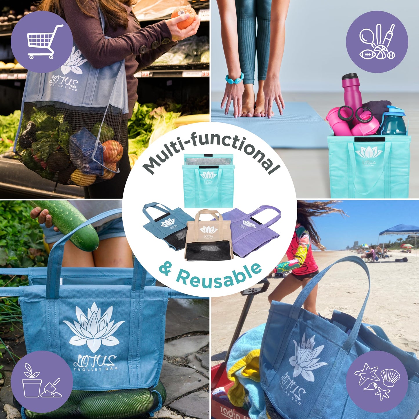 Lotus Trolley Bag Bundle Reusable Shopping Bags (Set of 4 Standard Size Earth Tones) PLUS (Set of 3 LARGE Size) Grocery Bags Insulated Cooler & Egg/Wine Holder, Foldable, Washable Grocery Cart Bags