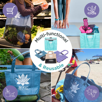 Lotus Trolley Bag Bundle Reusable Shopping Bags (Set of 4 Standard Size Earth Tones) PLUS (Set of 3 LARGE Size) Grocery Bags Insulated Cooler & Egg/Wine Holder, Foldable, Washable Grocery Cart Bags