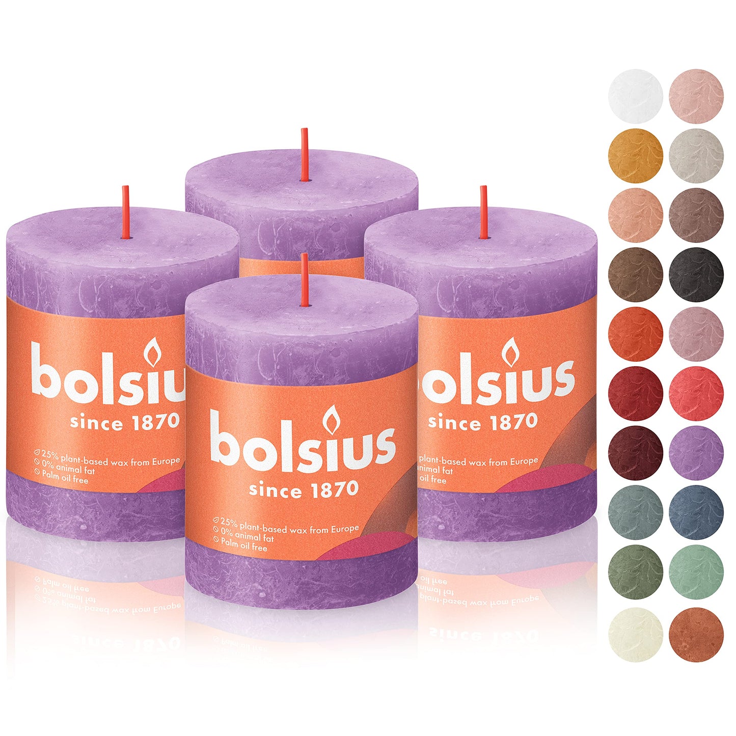 BOLSIUS 4 Pack Vibrant Violet (Purple) Rustic Pillar Candles - 2.75 X 3.25 inches - Premium European Quality - Includes Natural Plant-Based Wax - Unscented Dripless Smokeless 35 Hour Party Candles
