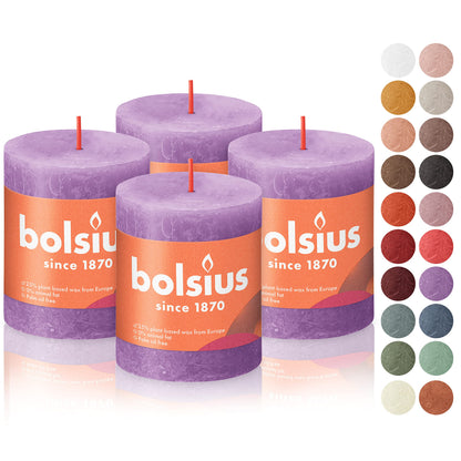 BOLSIUS 4 Pack Vibrant Violet (Purple) Rustic Pillar Candles - 2.75 X 3.25 inches - Premium European Quality - Includes Natural Plant-Based Wax - Unscented Dripless Smokeless 35 Hour Party Candles