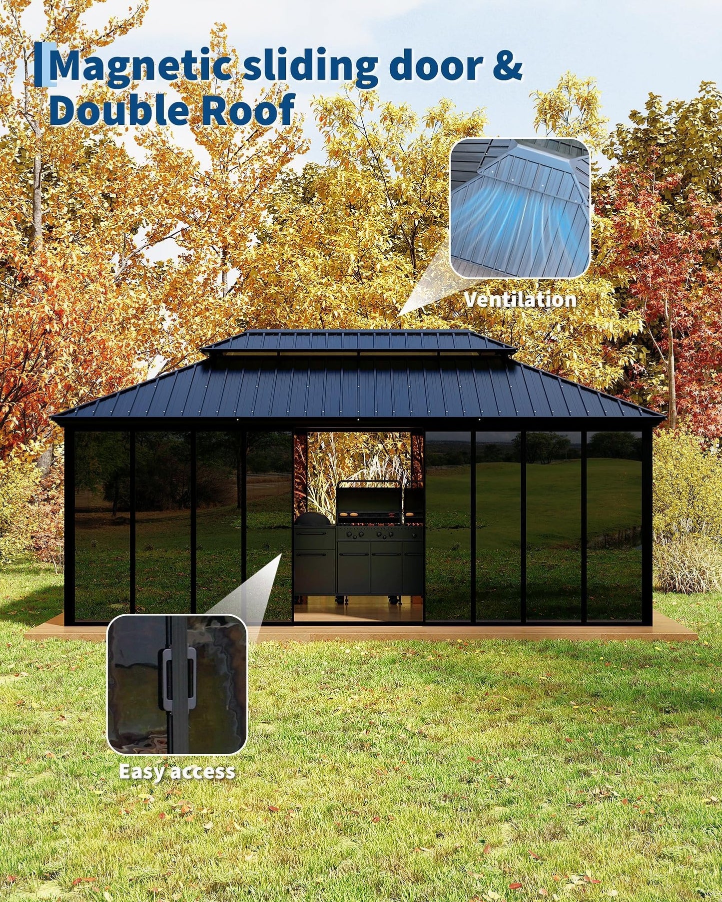 GAOMON 12x20 ft Permanent Hardtop Gazebo Sunroom, Enclosed Gazebo with Floor-to-Ceiling Sliding Doors, All-Aluminum Alloy Frame, Screen Outdoor Room Solarium for Backyard, Patio, and Deck