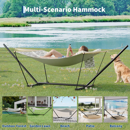 Double Hammock with Stand - Heavy Duty Portable 2 Person Design with Adjustable Steel Stand, Max 450LBS, Ideal for Outdoor Patio, Garden, Beach & Backyard