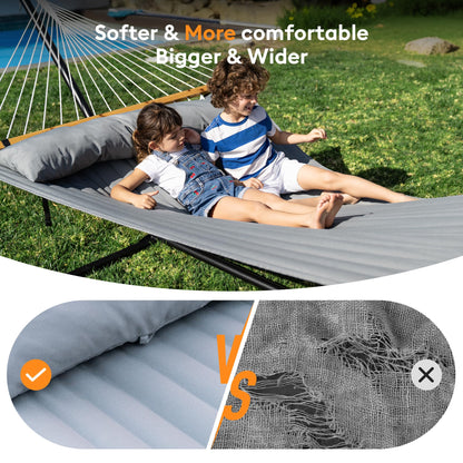 Everyfun Double Hammock with Spreader Bar & Pillow, Portable 500lbs Capacity for Outdoor, Camping, Patio, Backyard Relaxation,Gray