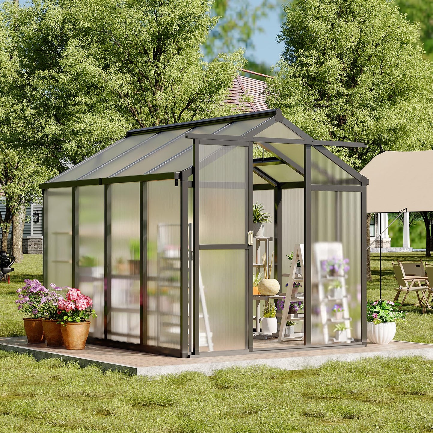 6X8FT Greenhouse, Aluminum Polycarbonate Green House, Green Houses for Outside with Sliding Doors, Ourdoor Greenhouse with Ajustable Roof Vent, Withstands Bad Weather for Garden, or Backyard, Black