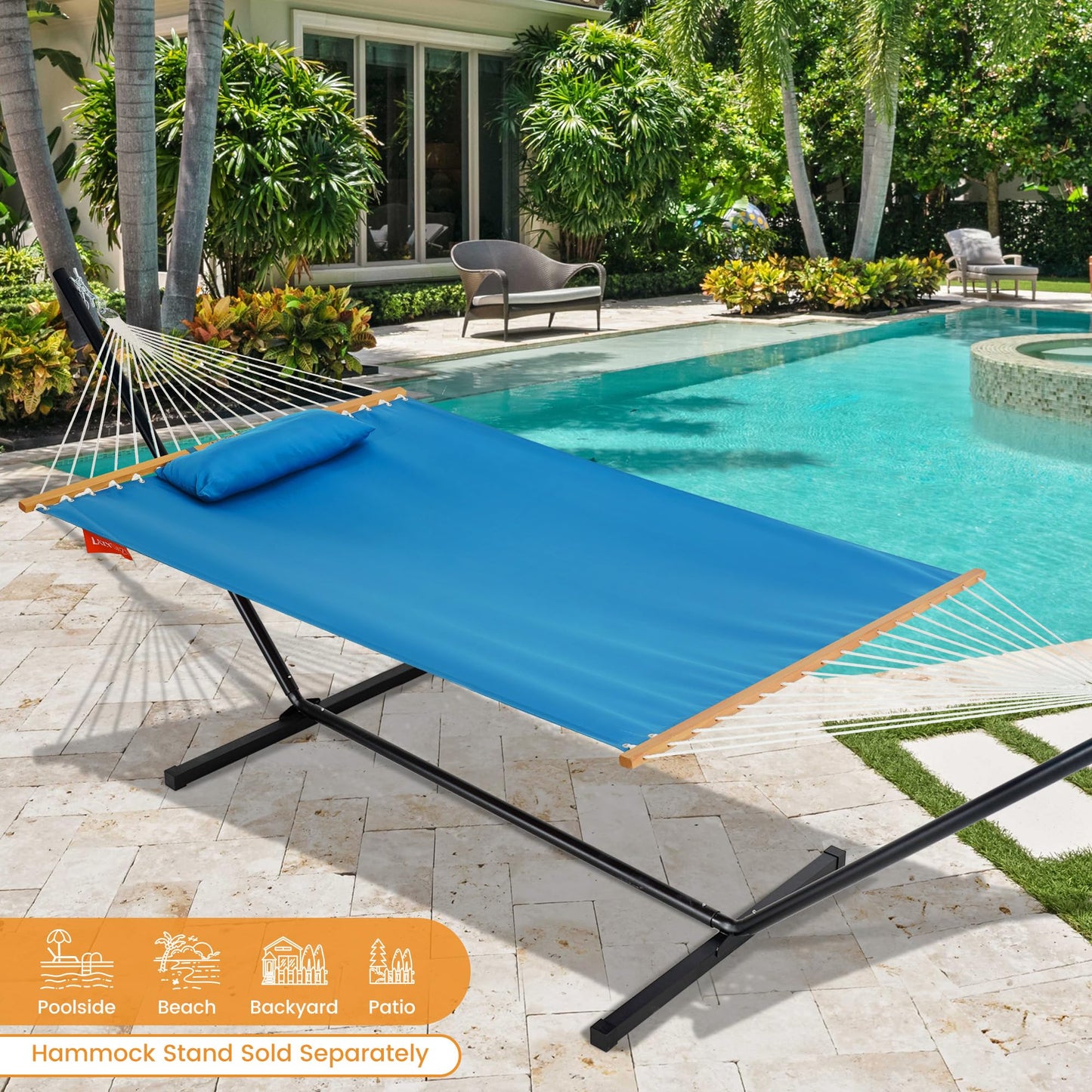 Lazy Daze Hammocks 12 FT Sunbrella Fabric Hammock non-fading with Spreader Bars and Free Pillow Fits for 2 Persons, All Weather and Fade Resistant for Patio Yard, 450 lbs Capacity, Canvas Pacific Blue