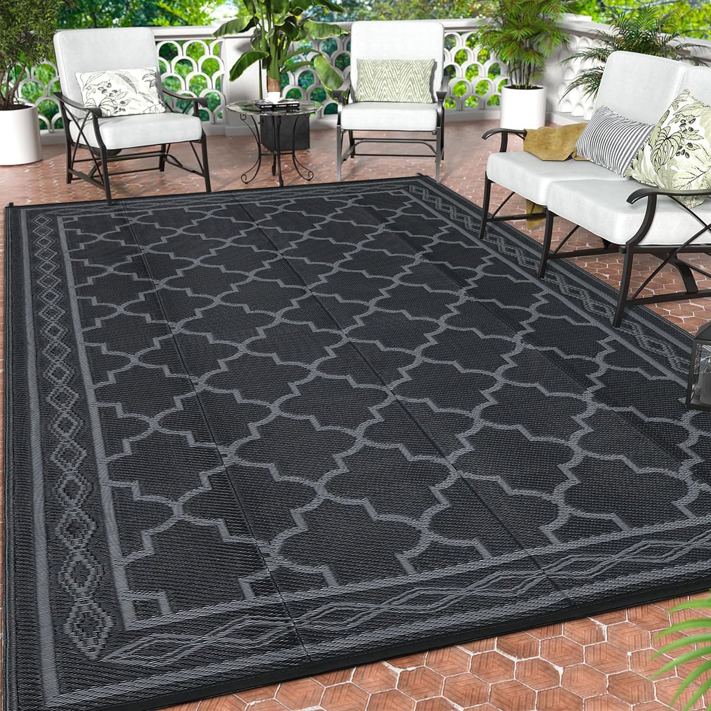 GlowSol Outdoor Rug 9x18 for Patios Waterproof Mat Outdoor Plastic Straw Rug Clearance, Reversible Carpet for Rv,Large Outside Carpet for Porch, Deck, Camper, Balcony, Backyard, Picnic,Black Grey