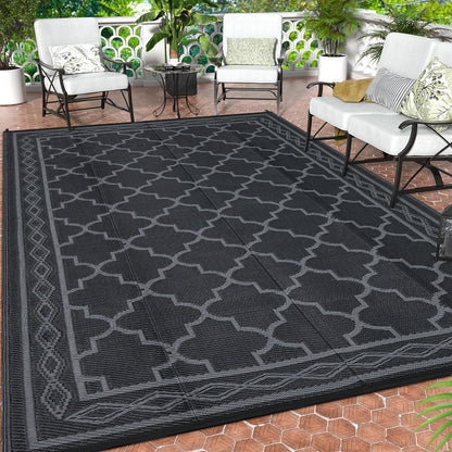 GlowSol Outdoor Rug 9x18 for Patios Waterproof Mat Outdoor Plastic Straw Rug Clearance, Reversible Carpet for Rv,Large Outside Carpet for Porch, Deck, Camper, Balcony, Backyard, Picnic,Black Grey