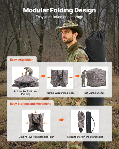 VEVOR Hunting Blind, 6-7 Person Ground Blinds with Carrying Bag, Portable Camouflage Tent, Reinforced Durable Concealed Shelter with Silent Zipper Door and Window, for Turkey and Deer