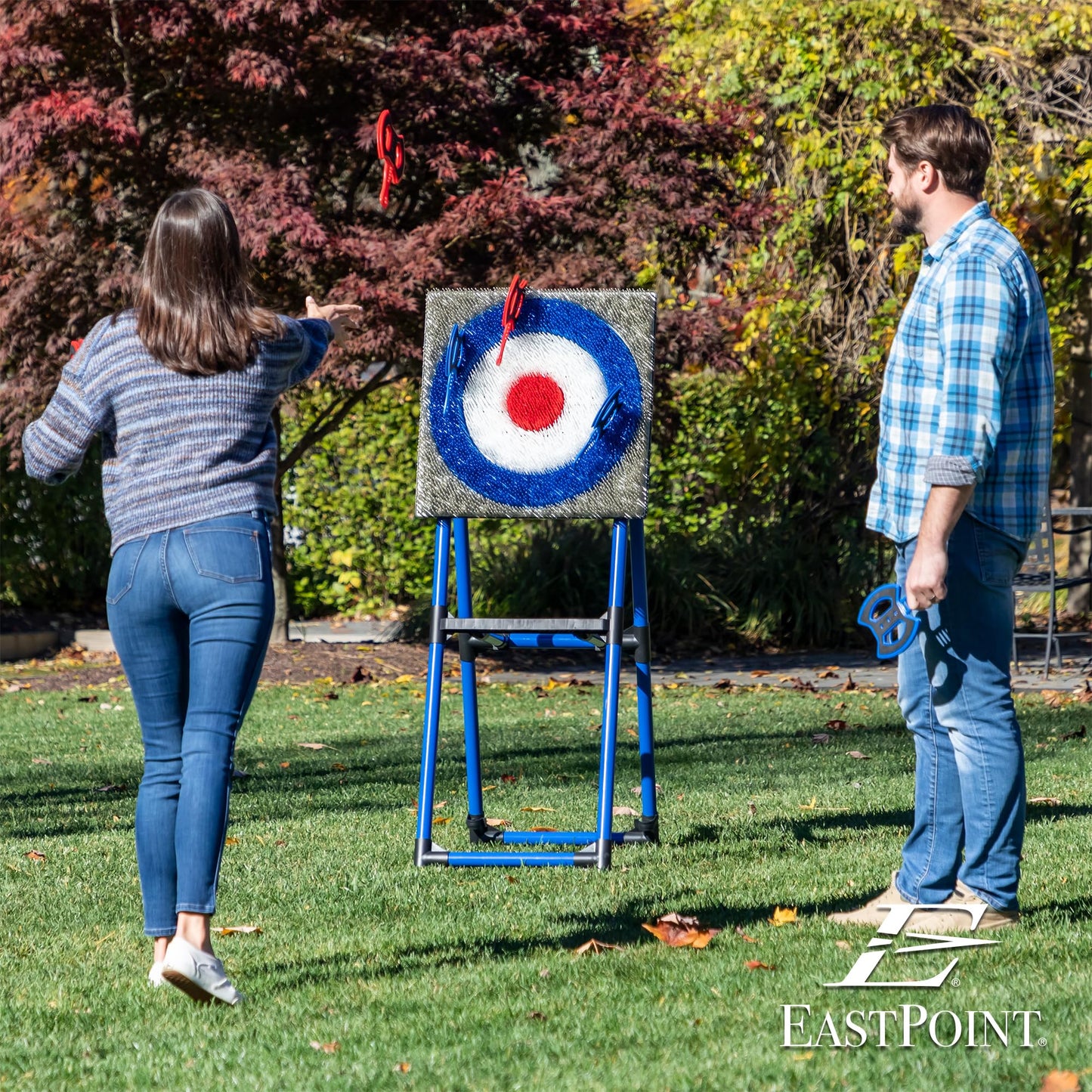 EastPoint Axe Throwing Game Set - 8 Foam & Plastic Throwing Axes - Heavy Duty Steel Frame - Over 5 Ft Tall - Folds Flat for Portable Outdoor Games - Unique Bristle Target for Yard Games