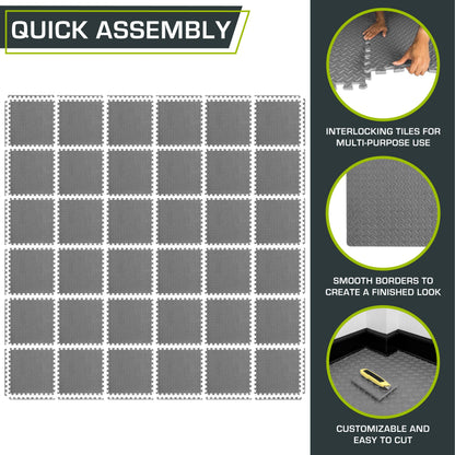 ProsourceFit Exercise Puzzle Mat ½-inch, EVA Interlocking Foam Floor Tiles for Home Gym, Workout Equipment, Kids Play Areas, Grey, 144 SQ FT - 36 Tiles