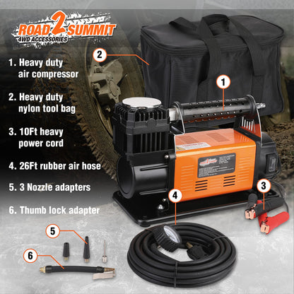 ROAD2SUMMIT Heavy Duty Portable 12V Air Compressor Kit Inflate 6.35CFM (180L/ Min), Max 150PSI, Off-Road Air Compressor Kit for 4x4 Vehicle RV, Air Pump for ATVS Tire, for Car and SUV Tire