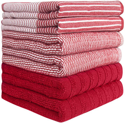 Premium Kitchen Towels (20”x 28”, 6 Pack) | Large Cotton Dish Towels | Flat & Terry Highly Absorbent Kitchen Linen Set with Hanging Loop | Red
