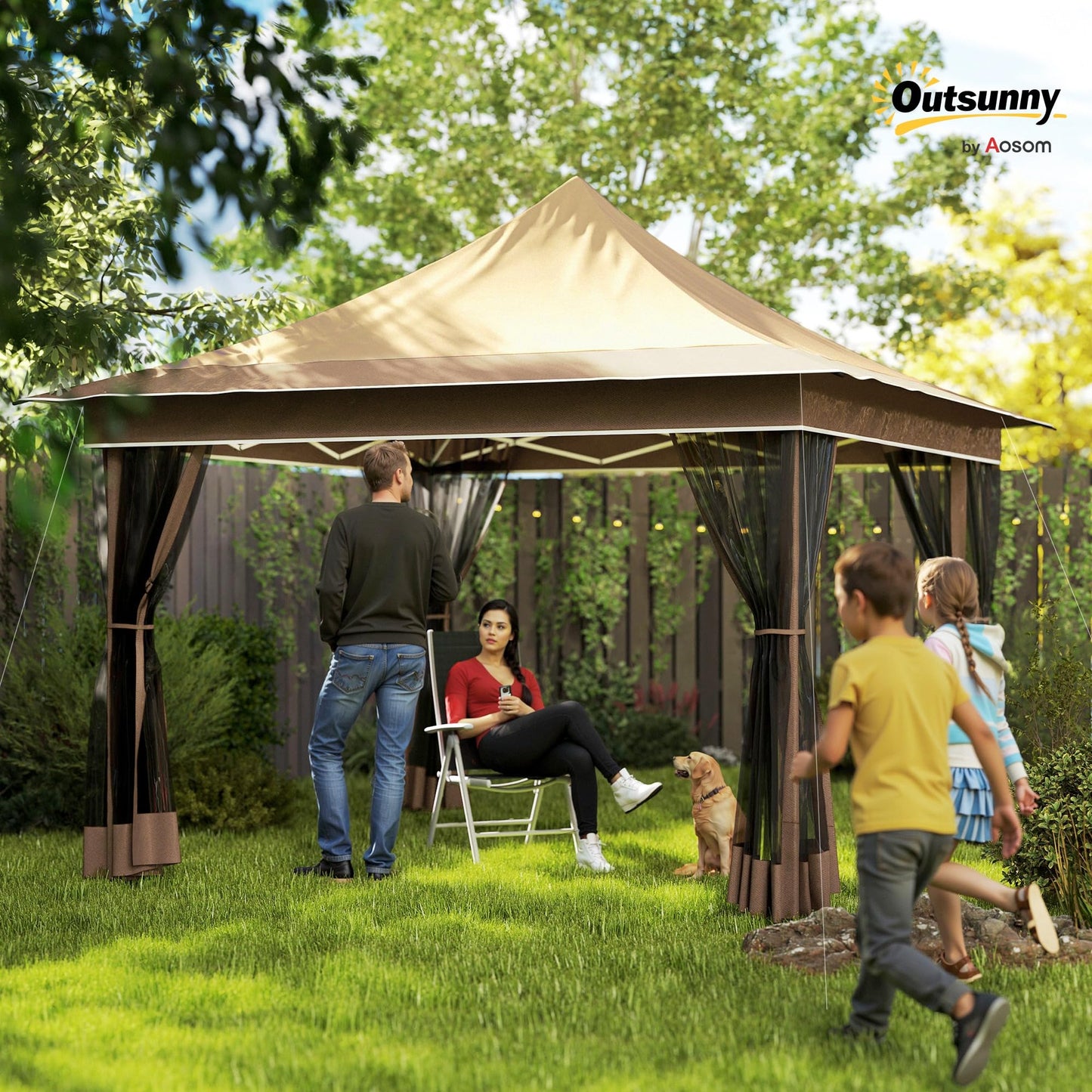 Outsunny 12 x 12 ft. Pop Up Canopy Tent with Mesh Netting, UPF50+ Instant Sun Shelter with Carry Bag, Height Adjustable Party Tent Instant Event Shelter for Garden, Patio, Beige