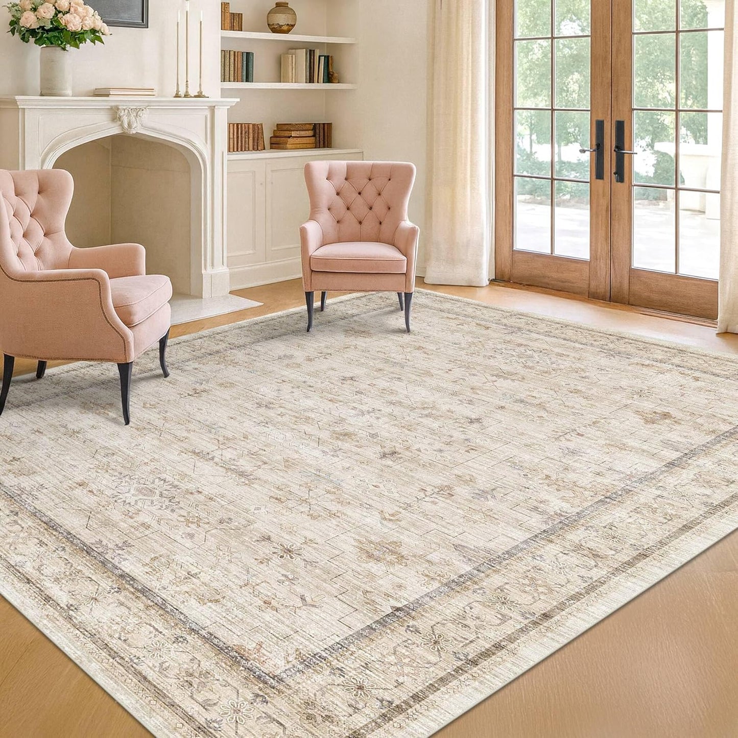 Skiennix Washable Ivory 5x7 Area Rug - Non-Slip Low Pile Carpet for Bedroom & Home Office