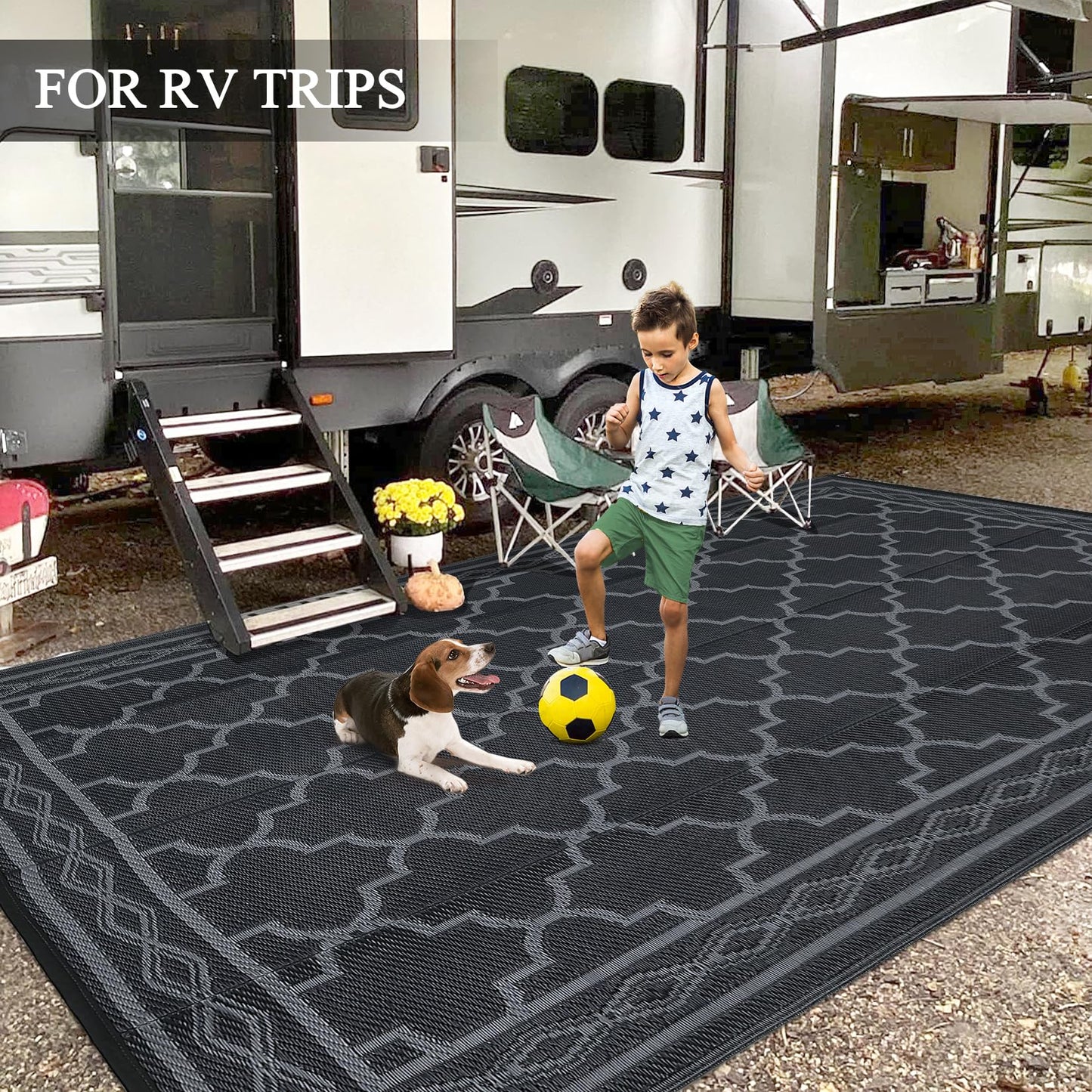 GlowSol Outdoor Rug 9x18 for Patios Waterproof Mat Outdoor Plastic Straw Rug Clearance, Reversible Carpet for Rv,Large Outside Carpet for Porch, Deck, Camper, Balcony, Backyard, Picnic,Black Grey
