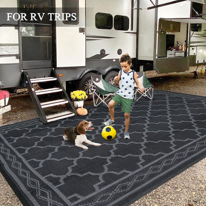 GlowSol Outdoor Rug 9x18 for Patios Waterproof Mat Outdoor Plastic Straw Rug Clearance, Reversible Carpet for Rv,Large Outside Carpet for Porch, Deck, Camper, Balcony, Backyard, Picnic,Black Grey