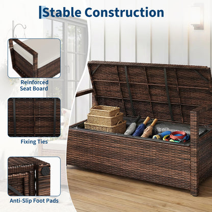 Outdoor Storage Bench with Cushion, 2-Seater PE Rattan Storage Box with Backrest & Armrests, 75 Gallon, 400 lbs Capacity Weatherproof Patio Bench for Garden, Balcony, Porch, Pool, Yard,Dark Brown