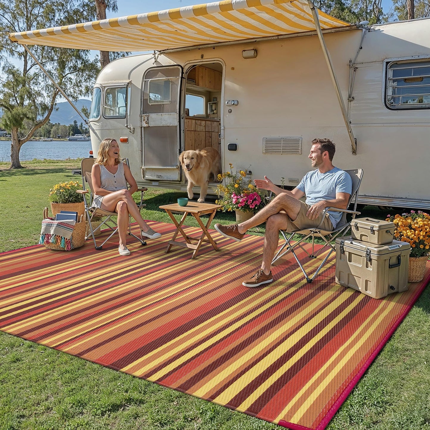 WondRg Outdoor Plastic Straw Rug Waterproof Patio 9x18 Red Orange Stripe Mat for Porch Camping RV Balcony Deck Courtyard Reversible Lightweight Durable Portable Carpet